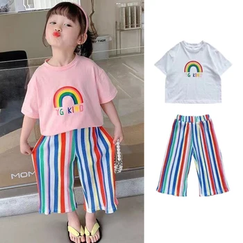Baby Dievčatá Oblečenie Nastaviť Batoľa Krátke Rukávy T-tričko + Nohavice 2 ks Oblečenia 2023 Lete Detí Dúha Kostým kórejský Štýl