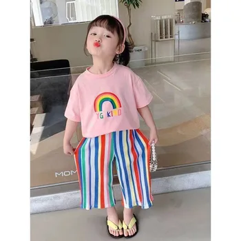 Baby Dievčatá Oblečenie Nastaviť Batoľa Krátke Rukávy T-tričko + Nohavice 2 ks Oblečenia 2023 Lete Detí Dúha Kostým kórejský Štýl