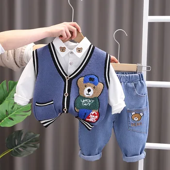 2023 kórejský Jar Deti, Chlapec 3KS Oblečenia Nastaviť Cartoon Medveď Sveter Vesta Bavlnené Tričko, Džínsy, Nohavice Suit Infant chlapčeka Oblečenie