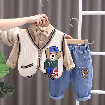 2023 kórejský Jar Deti, Chlapec 3KS Oblečenia Nastaviť Cartoon Medveď Sveter Vesta Bavlnené Tričko, Džínsy, Nohavice Suit Infant chlapčeka Oblečenie
