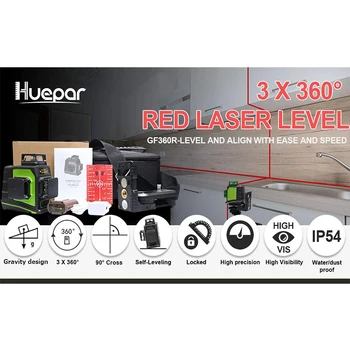 Doprava zadarmo 3x360 GF360R Laser s Nabíjateľné Lítiové batérie,Multi Vonkajšie Pulzný Režim Červený Lúč 3D 12 Riadkov Úrovni