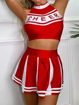 Dámske Cheerleading Jednotné Fáze Show Tanec, Roztlieskavačky, Oblečenie Letter Tlač bez Rukávov Plodín Top s Vysokým Pásom Mini Sukne