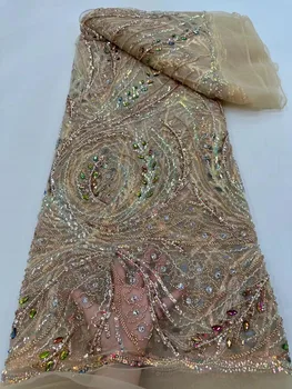 Africké Luxusné Korálky Čipky Textílie, Čipky a Tylu Textílie Sekvencie Vyšívanie Vysoko Kvalitný Čistý Čipky 5 Metrov pre Ženy Šaty YY130