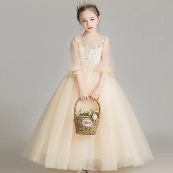 Dievčatá šaty princezná sukne deti 2023 západnom štýle svadobné šaty načechraný gázy kvet dievča show host klavír šaty