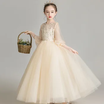 Dievčatá šaty princezná sukne deti 2023 západnom štýle svadobné šaty načechraný gázy kvet dievča show host klavír šaty