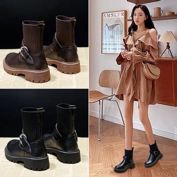 Jesenné a zimné nové ponožky topánky ženy hrubé-soled bežné veľké veľkosti pletené krátke topánky, ženy vulkanizovanej topánky botas de mujer