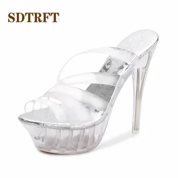 SDTRFT Plus:35-43 Lete Roku 2023 Stiletto Transparentné Papuče Crystal Topánky Žena, 14 cm Tenké Podpätky Otvorené Prst Sexy Sandál Lady Čerpadlá