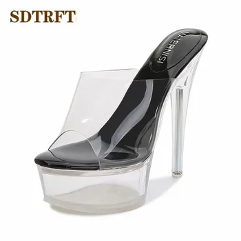 SDTRFT Plus:35-43 Lete Roku 2023 Stiletto Transparentné Papuče Crystal Topánky Žena, 14 cm Tenké Podpätky Otvorené Prst Sexy Sandál Lady Čerpadlá